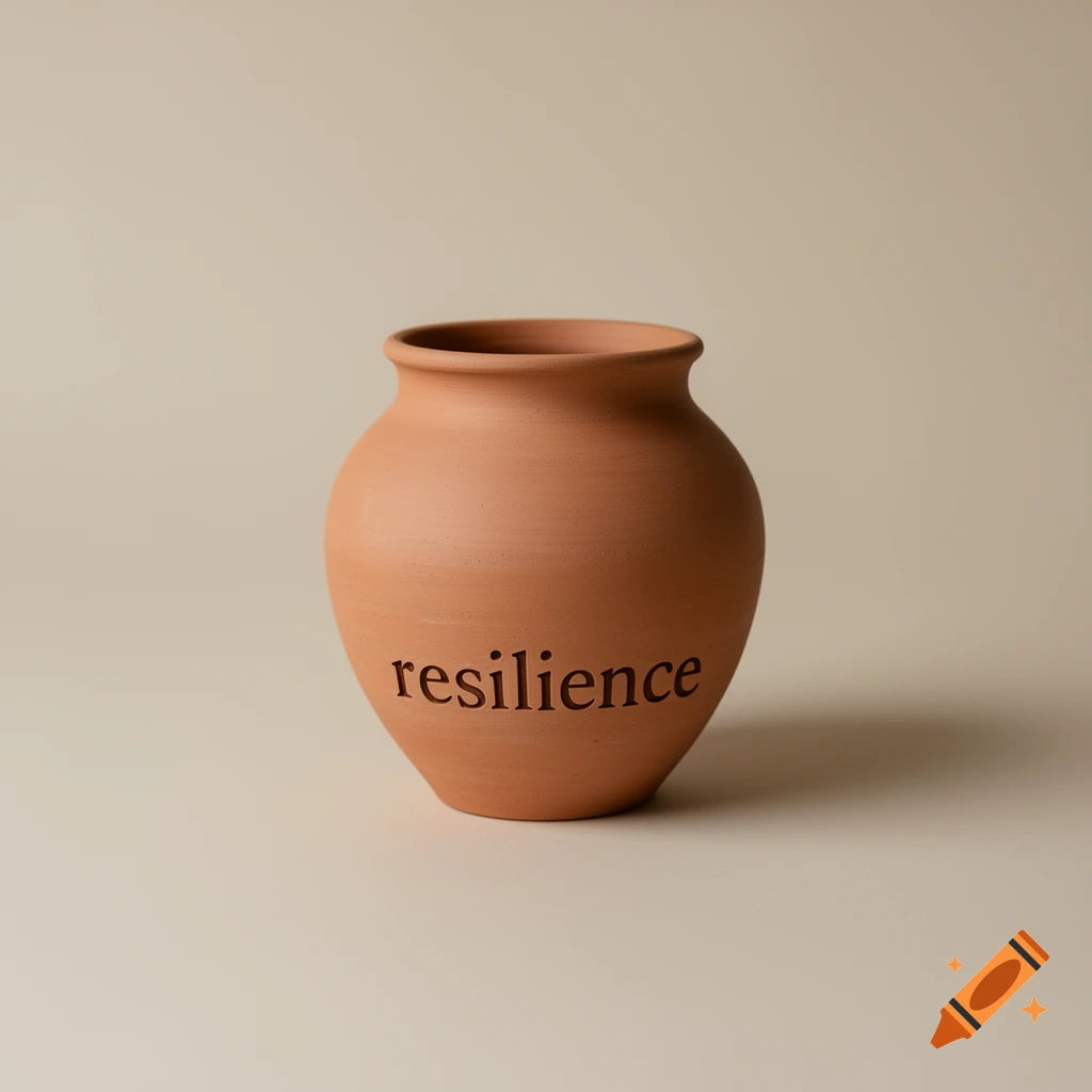 A terracotta clay pot with the word 'resilience' embossed on its side, against a minimalist beige background.