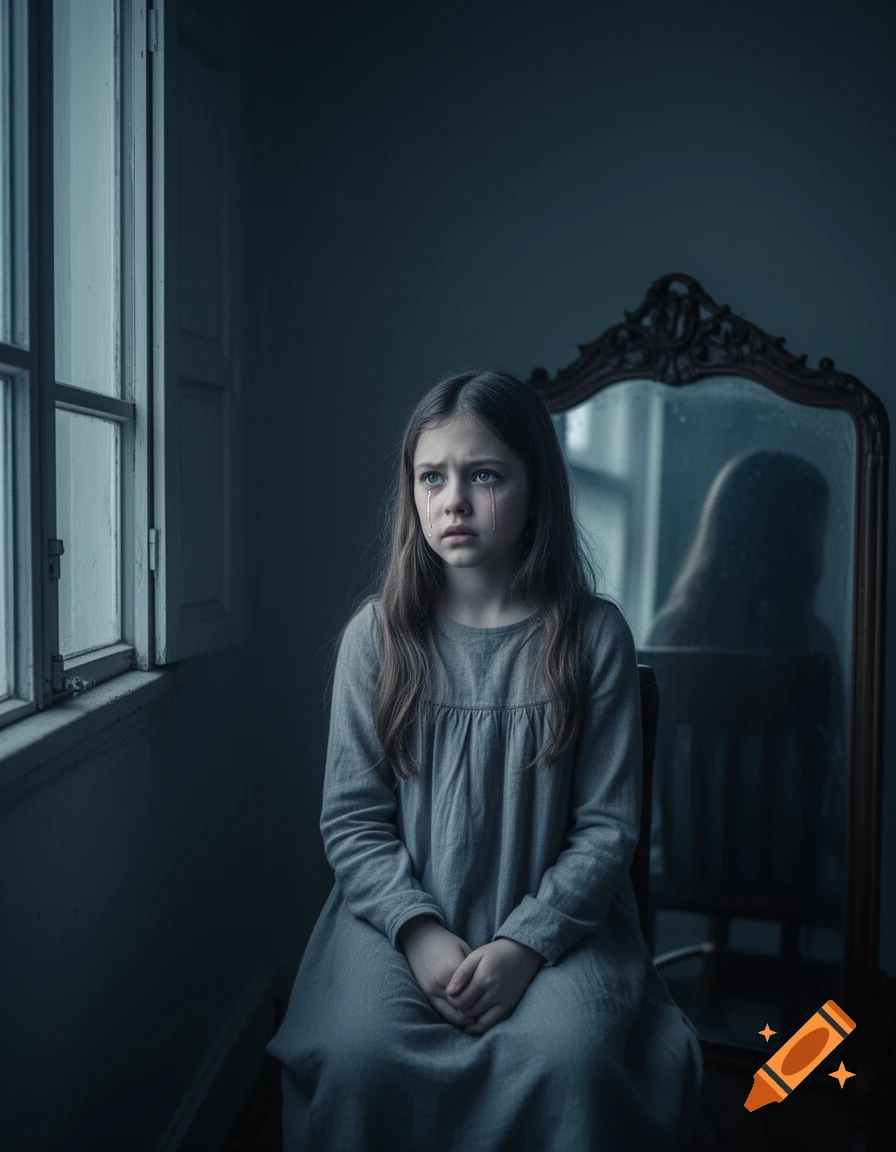 A melancholic girl in a gray dress sits by a window, crying, with a blurred reflection in an ornate mirror.