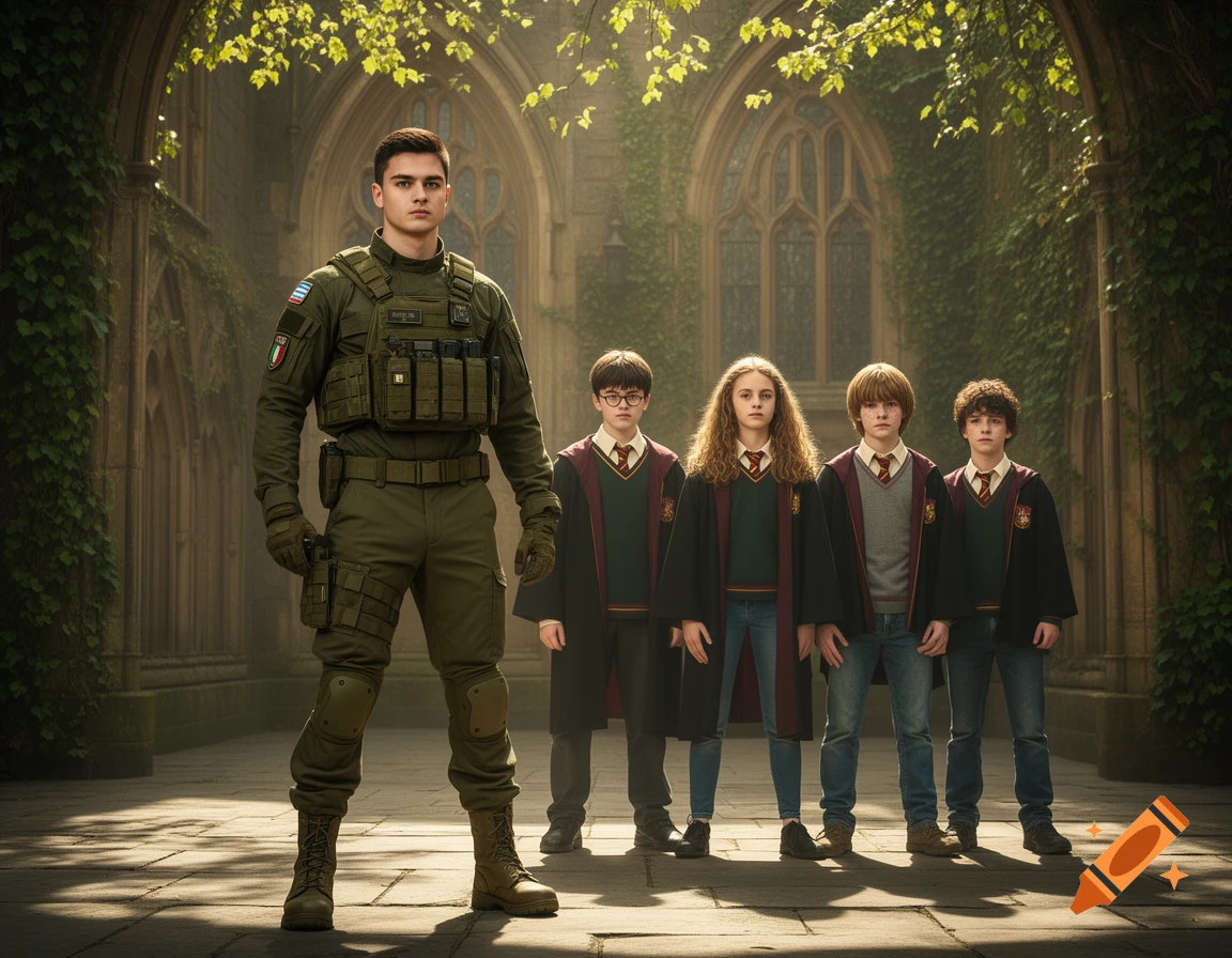 A military man in tactical gear stands in a stone courtyard with four children dressed in Hogwarts robes, in a photorealistic style.