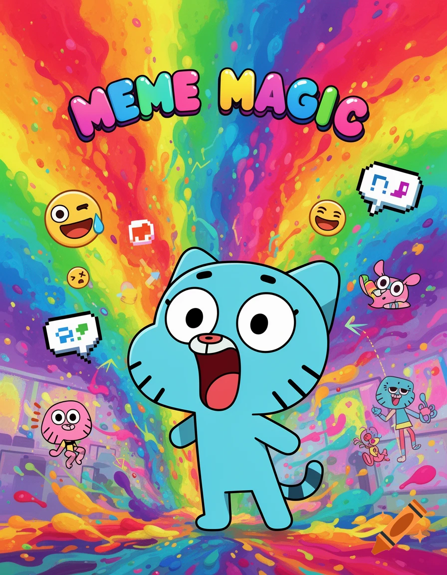 Gumball, Darwin, and Anais from The Amazing World of Gumball in a colorful scene with "MEME MAGIC" text and emojis.