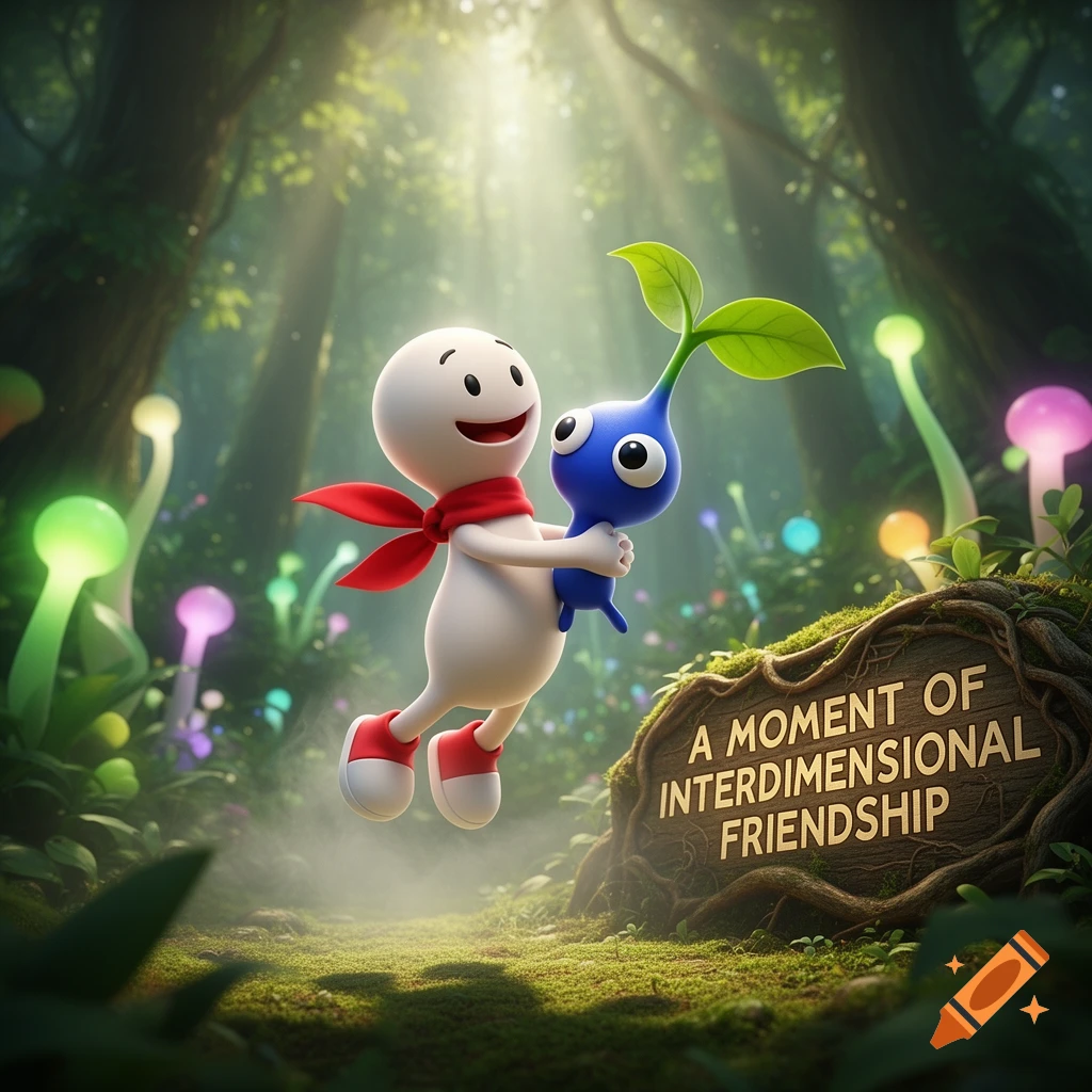 A happy white character with a red scarf hugs a blue Pikmin-like creature in a sunlit magical forest. A wooden sign reads 'A MOMENT OF INTERDIMENSIONAL FRIENDSHIP'.
