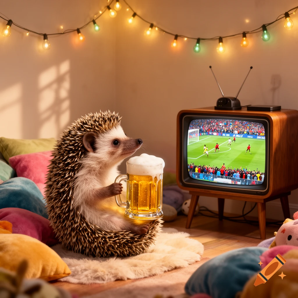 A photorealistic hedgehog sits on a rug, holding a mug of beer and watching a football game on a vintage TV, surrounded by pillows and string lights.