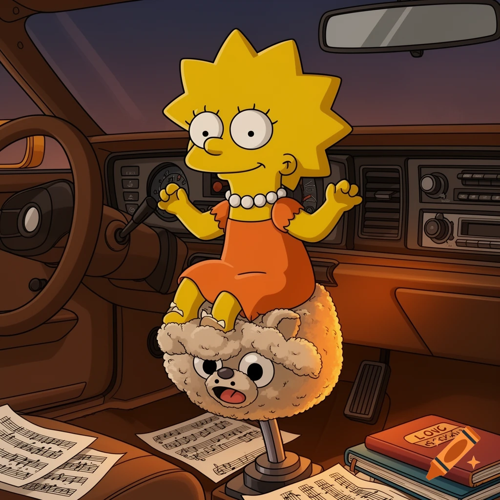Lisa Simpson sits on a fluffy, dog-like car accessory inside a detailed car interior, with sheet music around.