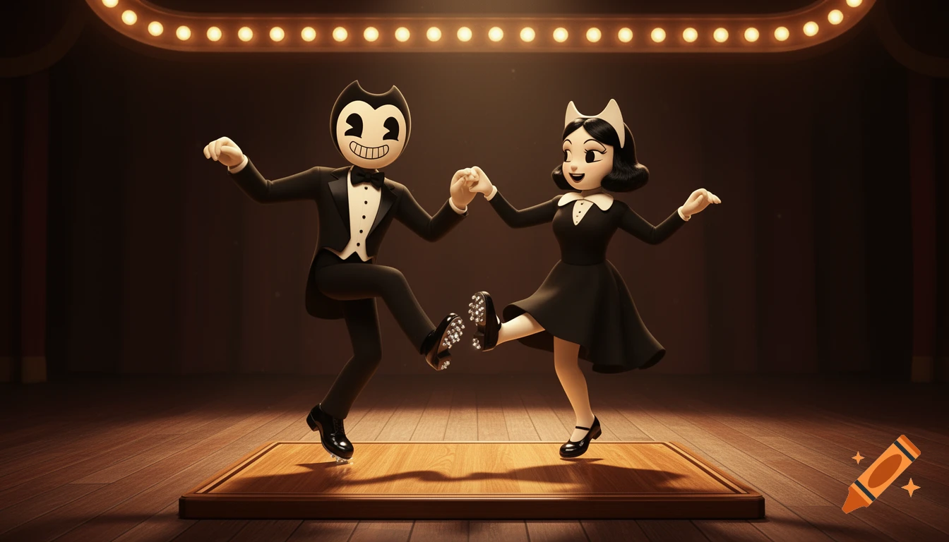 Stylized 3D render of Bendy and Alice Angel tap dancing on a wooden board on a spotlighted stage.