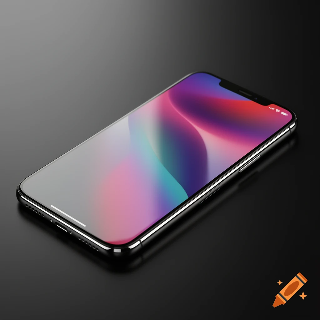 A silver smartphone with a colorful, wavy wallpaper lying diagonally on a dark, reflective surface.