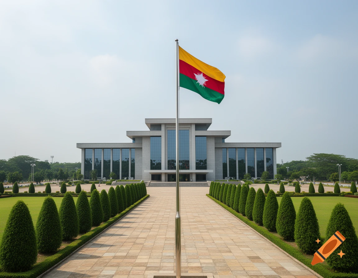 A modern palace with a yellow, red, and green flag, a long paved path, and manicured gardens under a clear sky.