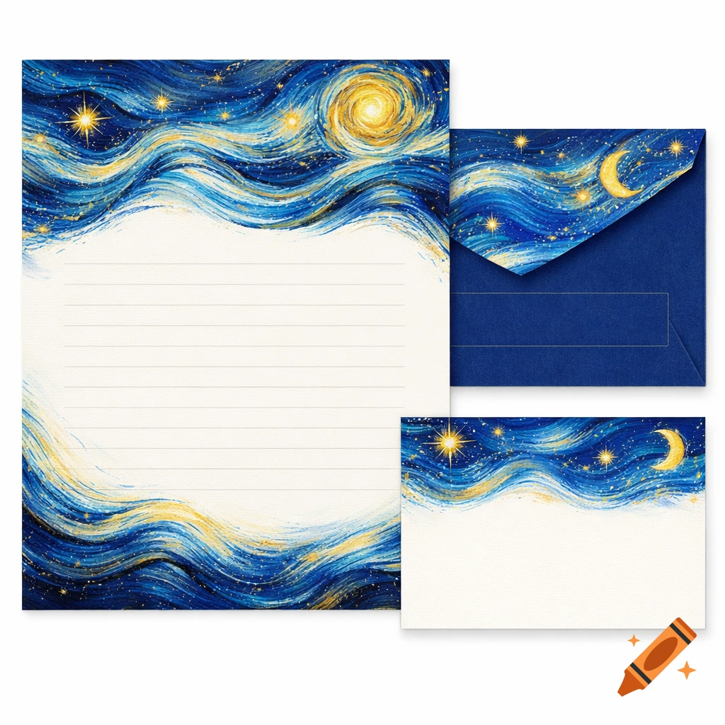 Stationery set with a "Starry Night" inspired pattern, including lined paper, an envelope, and a small card, featuring swirling blue and gold skies with stars and a moon.