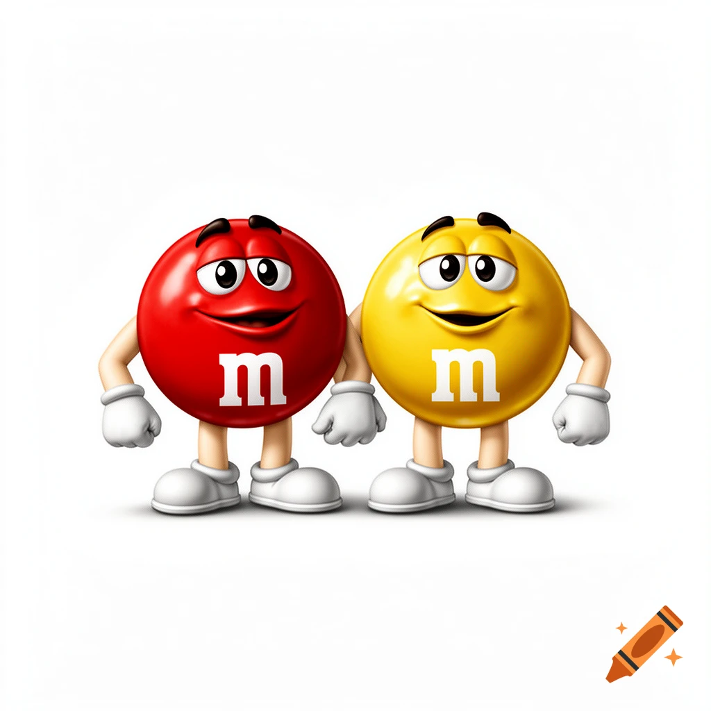 Red and yellow M&M's candy characters with white gloves and shoes stand side-by-side on a white background.
