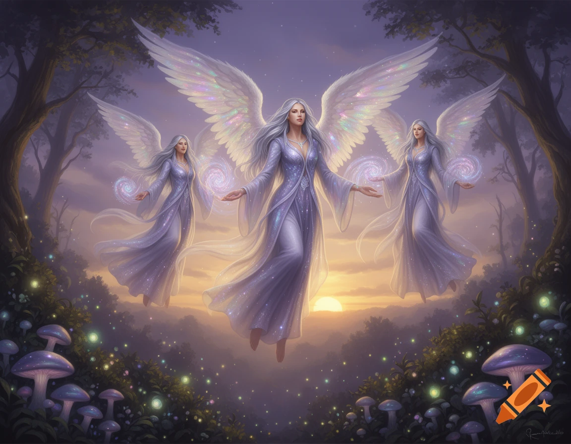 Three ethereal women with large iridescent wings float above an enchanted forest with glowing mushrooms at sunset.