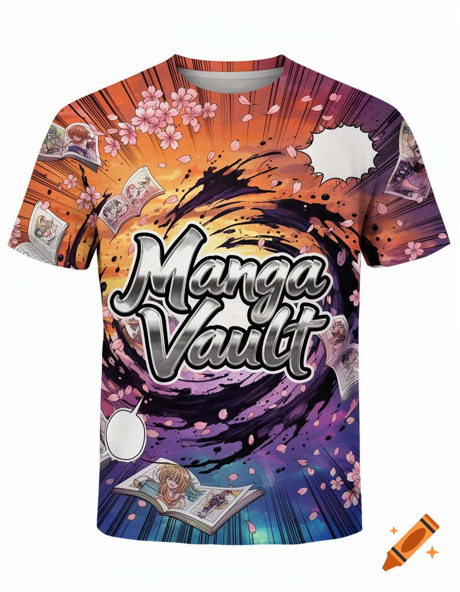 A T-shirt featuring a vibrant anime graphic with a 'Manga Vault' logo, open manga books, cherry blossoms, and speed lines.