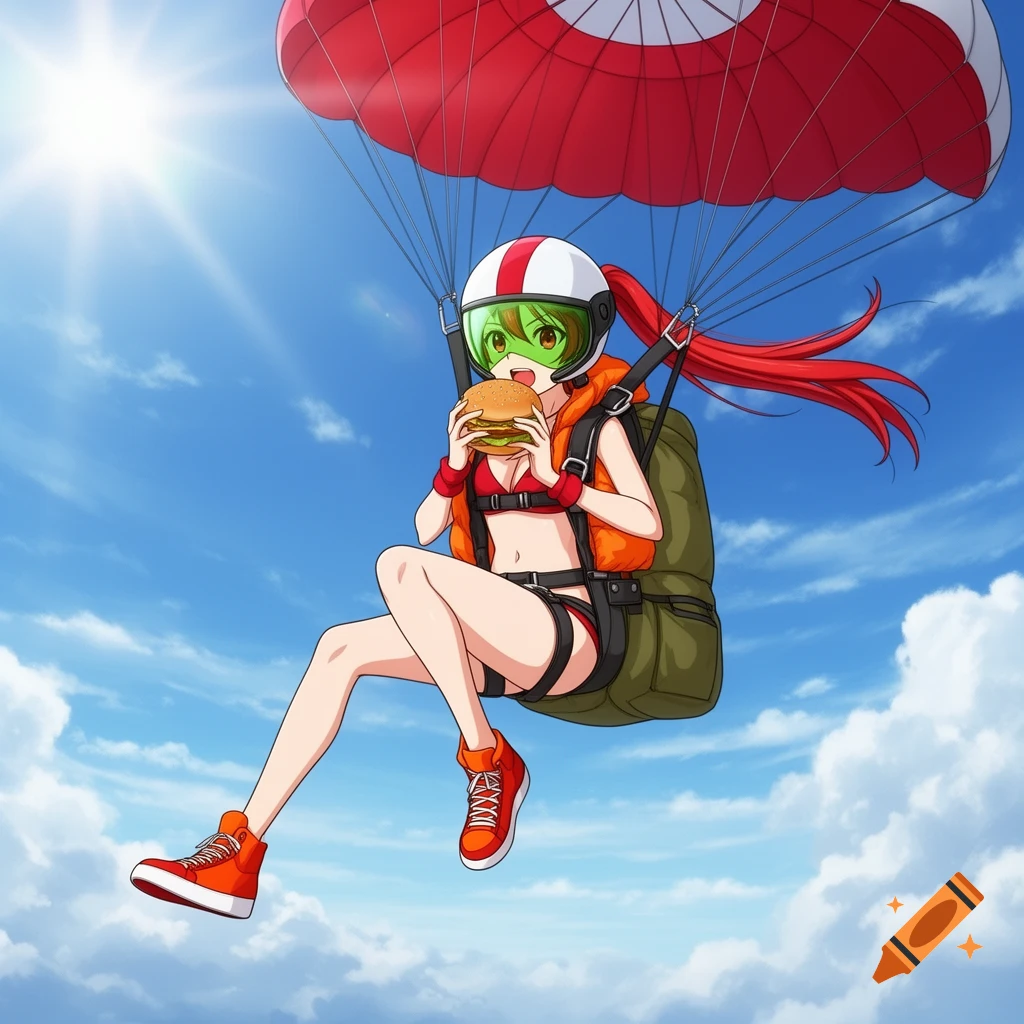 Anime girl with red hair, helmet, and bikini parachuting with a red chute, eating a burger in a sunny blue sky.