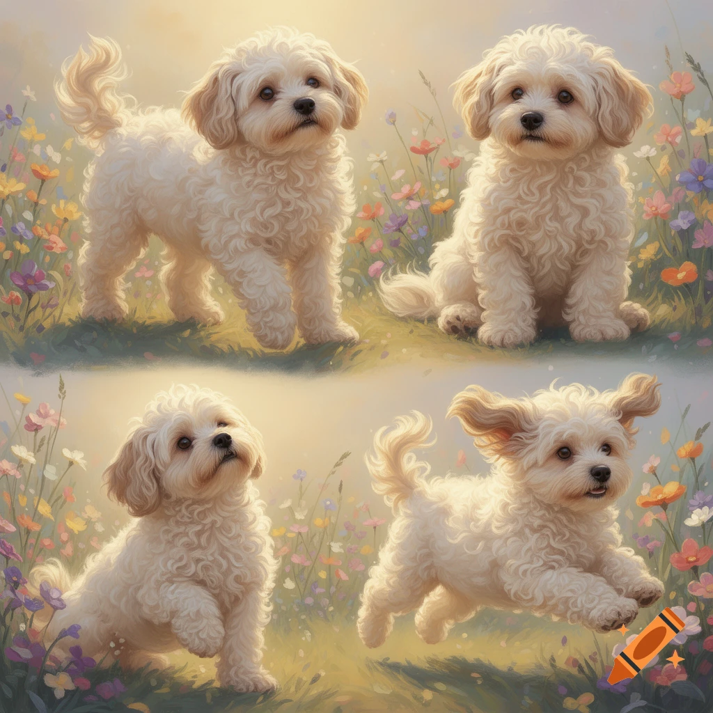 An illustration showing four light-colored Maltipoo puppies in different poses amidst colorful wildflowers.