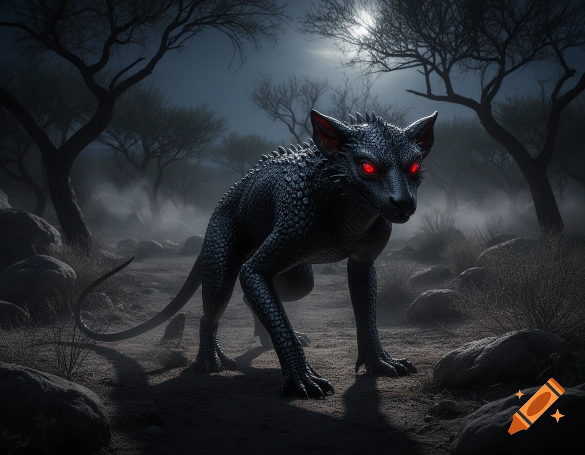 A black reptilian chupacabra with glowing red eyes stands on all fours in a dark, foggy forest under moonlight.