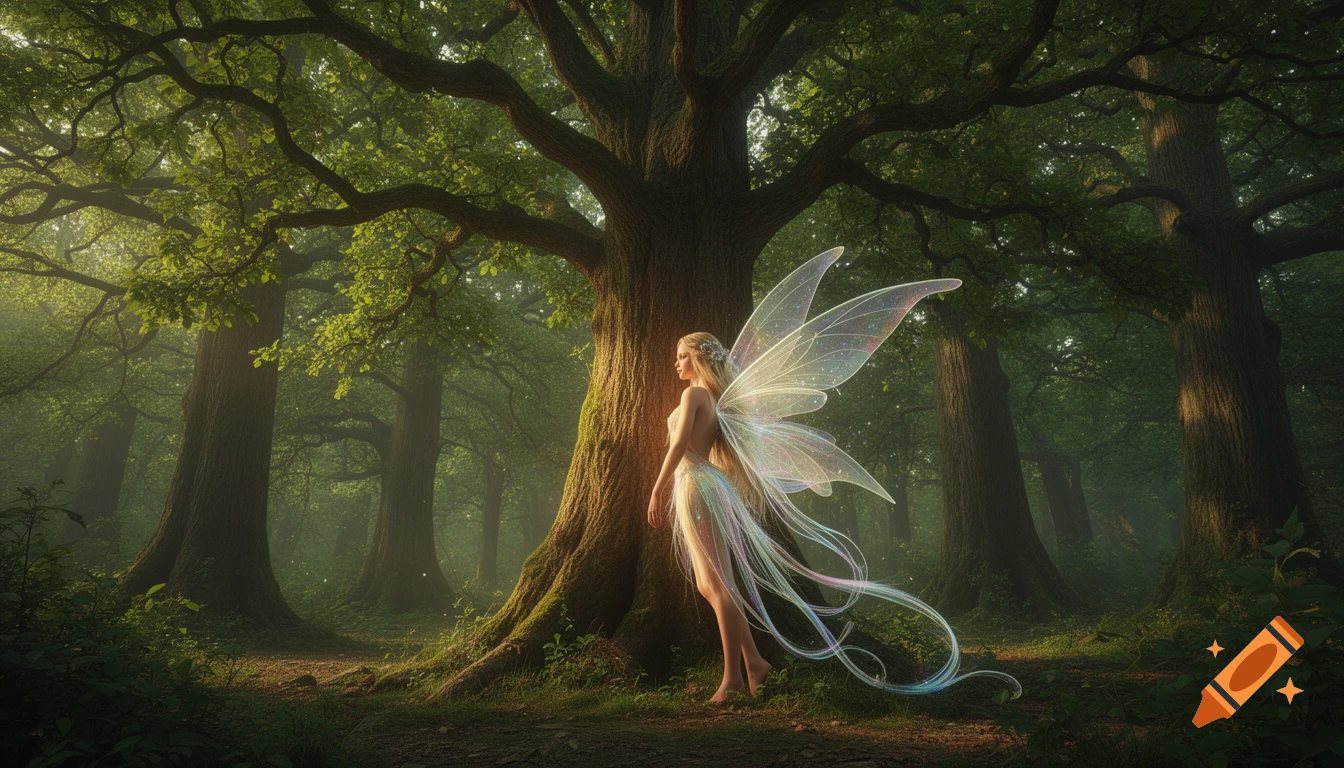 A graceful fairy with iridescent wings stands by a massive tree in a sunlit, hyperrealistic enchanted forest.