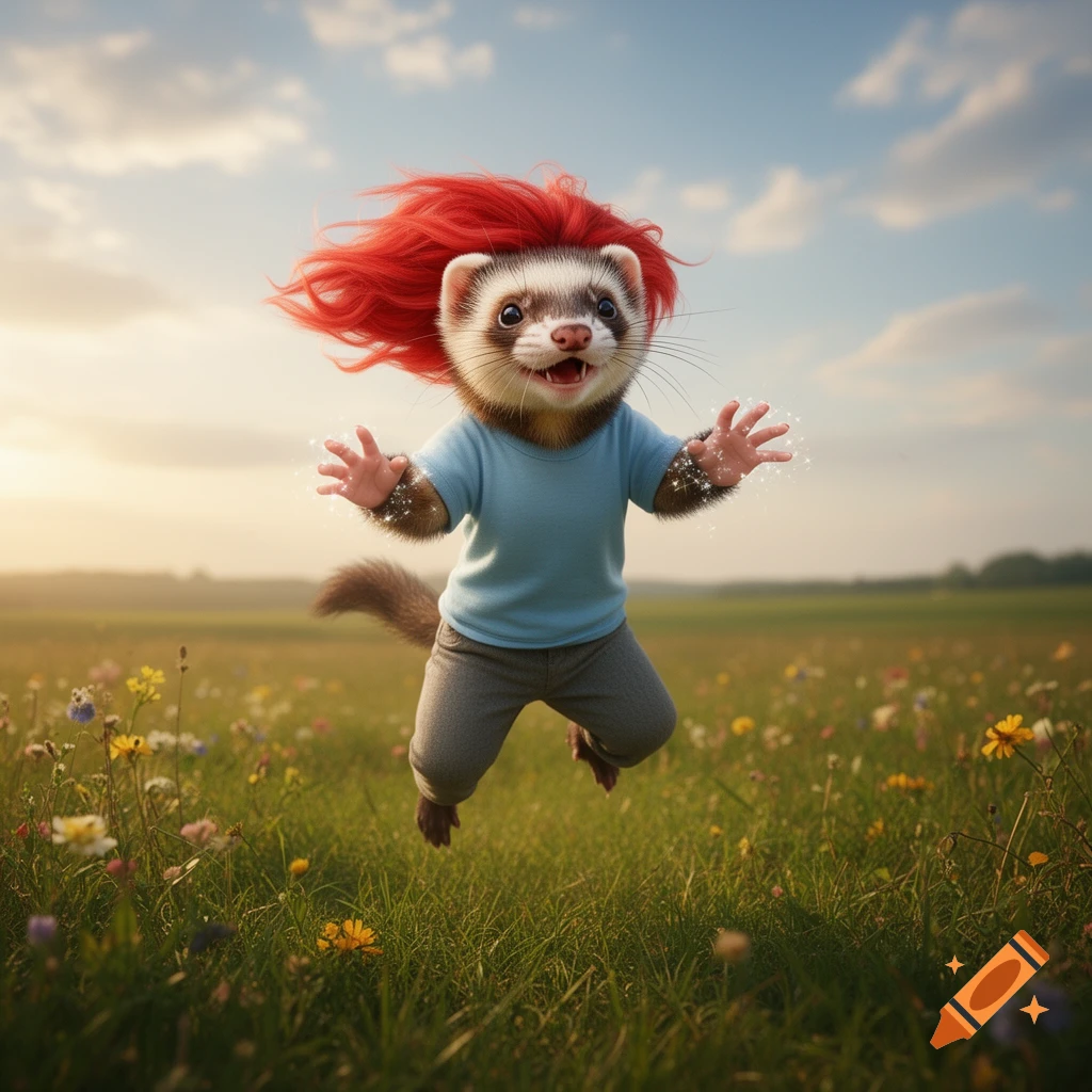An excited anthropomorphic ferret with vibrant red hair, wearing a blue t-shirt and gray pants, jumps happily in a sunny field of wildflowers.