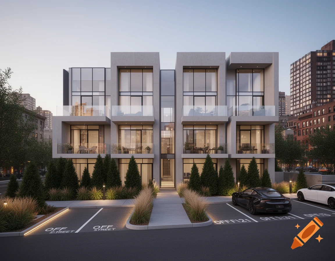 Photorealistic view of a modern four-unit building with large windows and balconies, featuring landscaped front and off-street parking with cars.