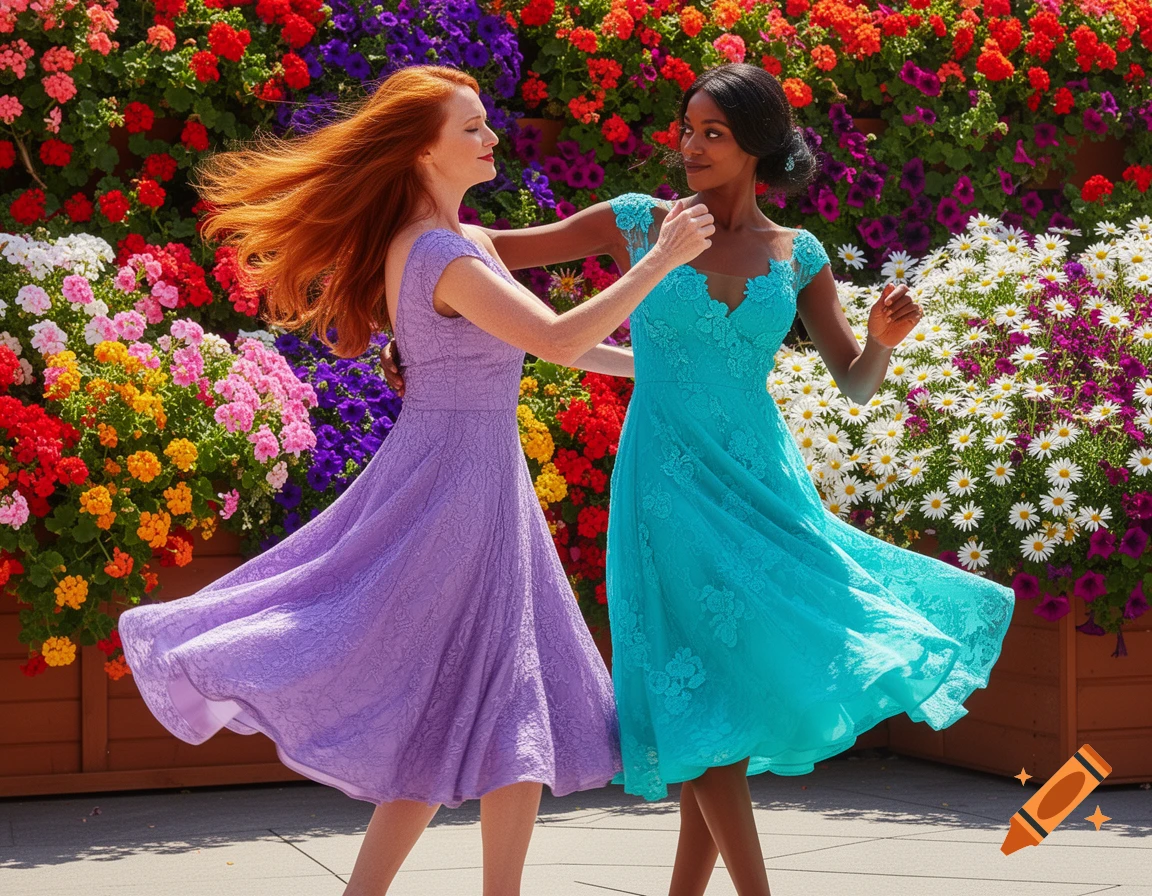 Two women in lace dresses dance in front of vibrant flower planters.