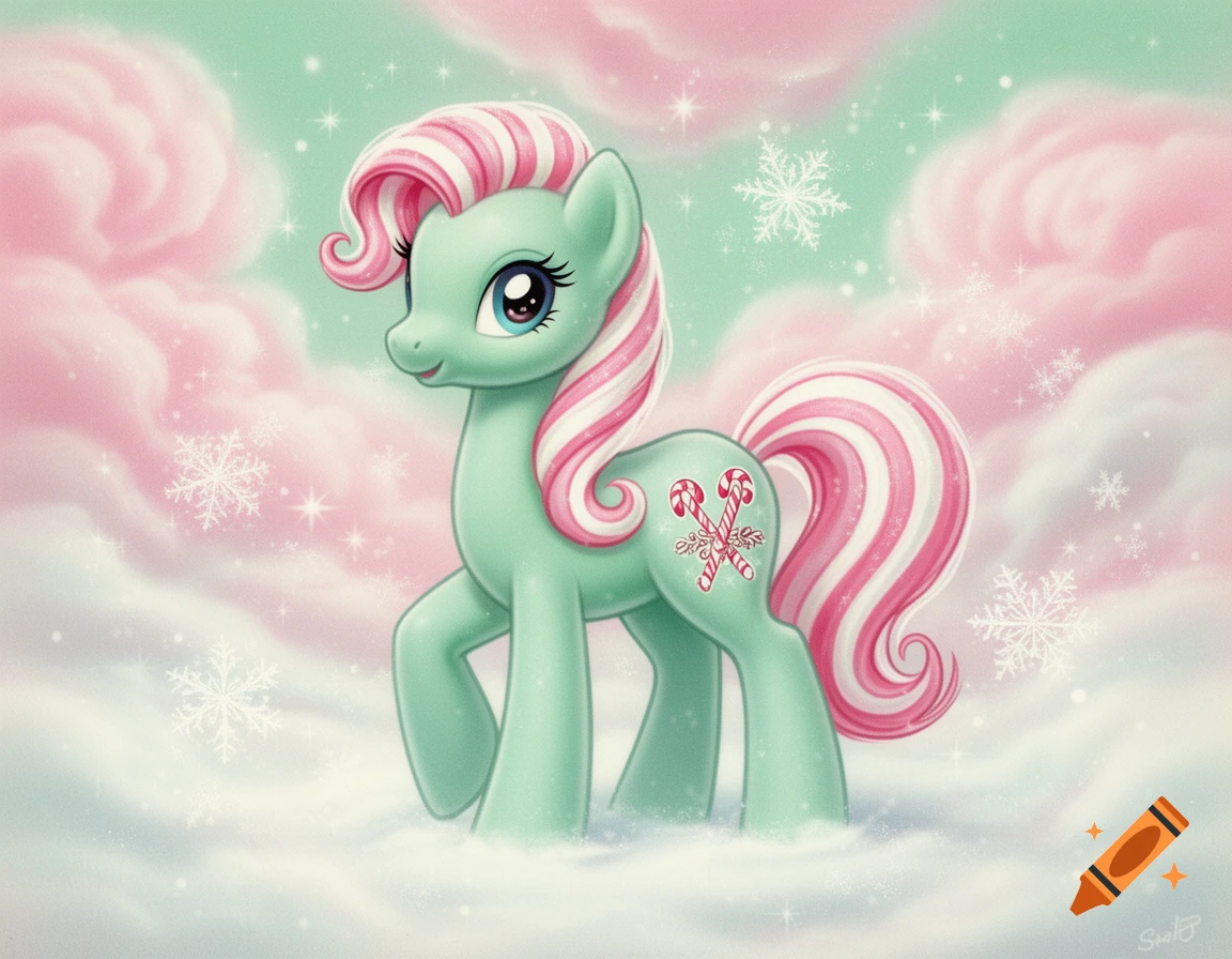 A mint green My Little Pony with a pink and white striped mane and a candy cane cutie mark stands in a pastel winter wonderland with snowflakes.