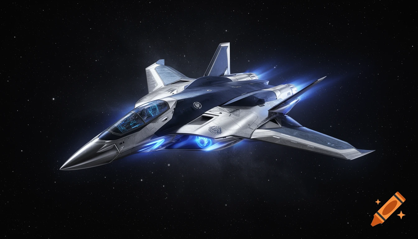 A sleek, silver and dark blue futuristic military space jet with glowing blue engines flying through a starry space.