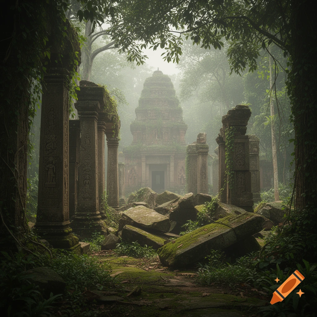 A misty, photorealistic scene of ancient, overgrown temple ruins in a dense jungle.