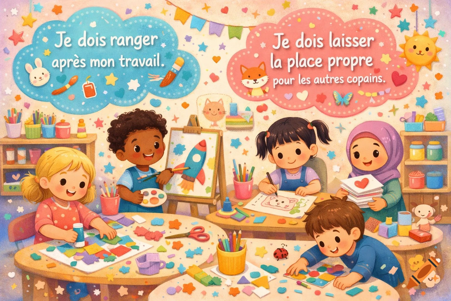 Colorful illustration of diverse children happily doing art and crafts in a classroom, with text promoting tidiness and sharing.