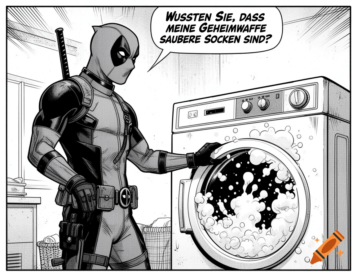 Black and white comic art of Deadpool in his suit, opening a washing machine, with a speech bubble.