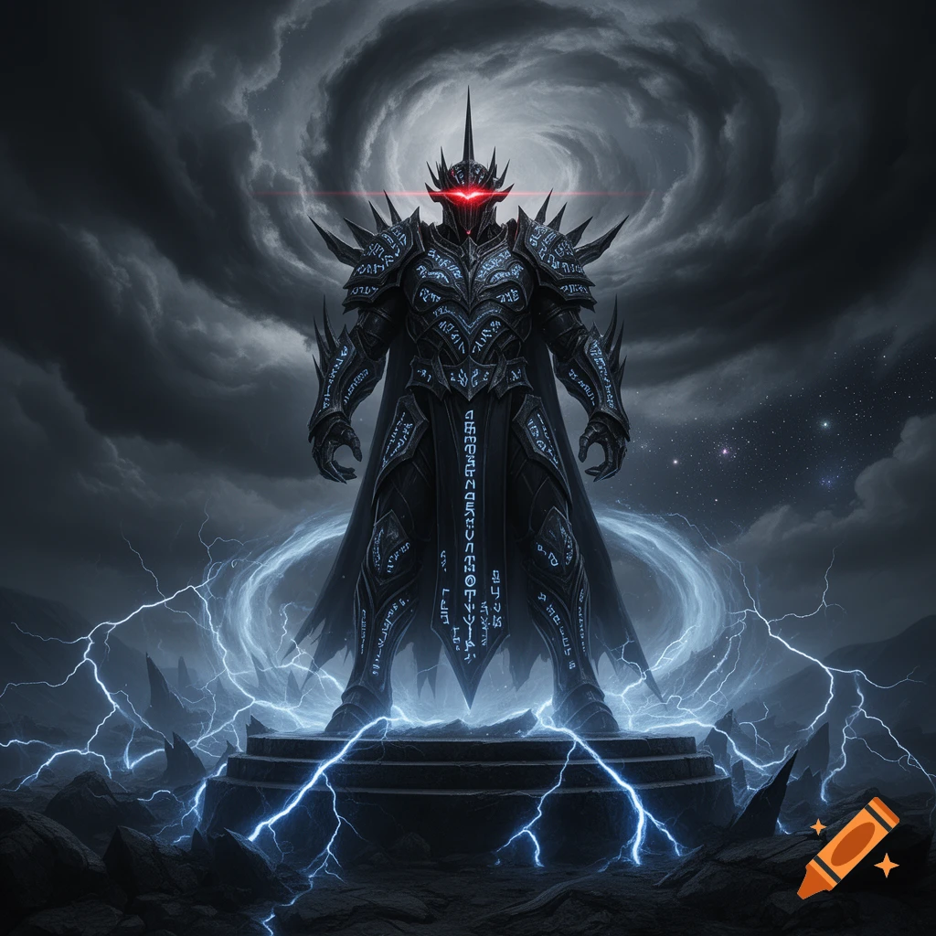A dark armored figure with glowing red eyes stands on a stone platform amidst storm clouds and blue lightning in a dark fantasy style.