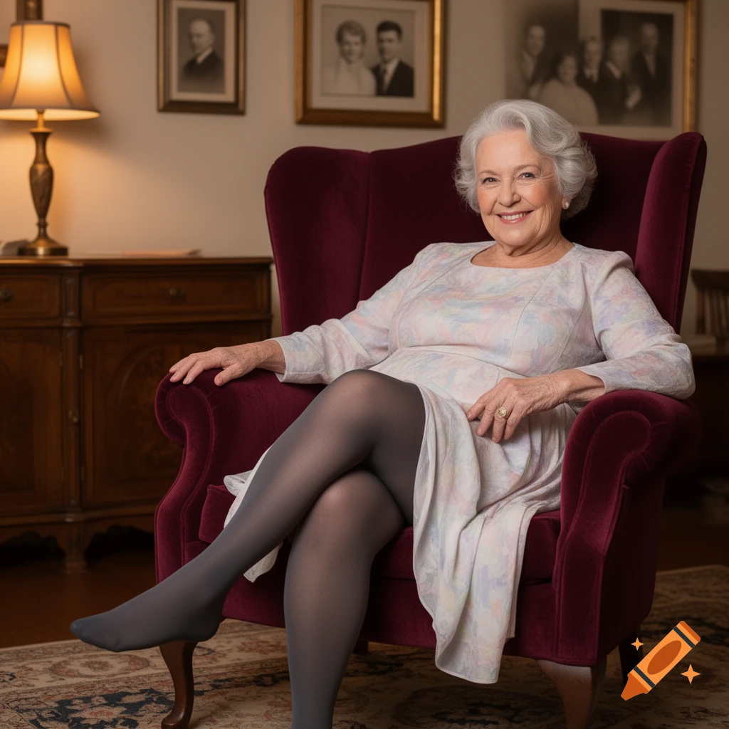 Smiling elderly woman with gray hair sitting in a red armchair, wearing a patterned dress and dark pantyhose.
