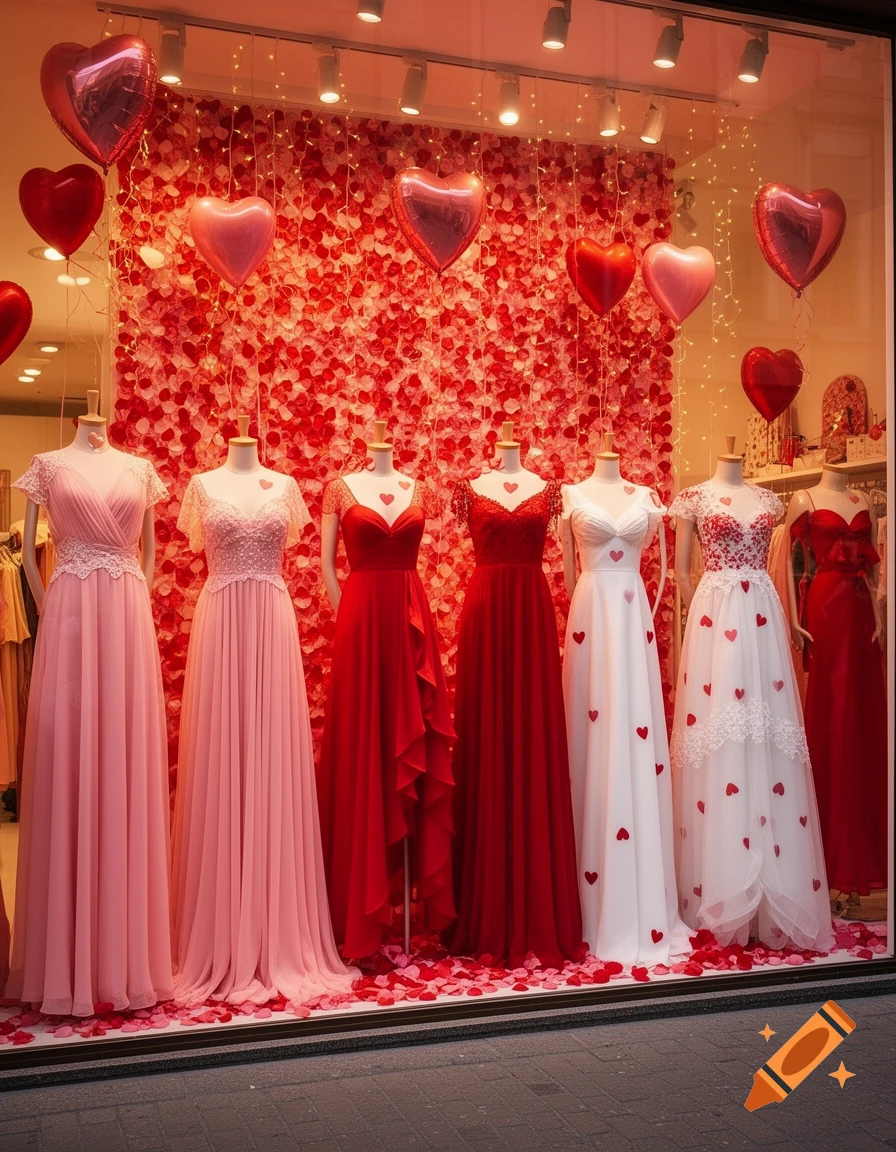 Six mannequins display pink, red, and white dresses in a Valentine's Day themed shop window, decorated with heart balloons and petals.