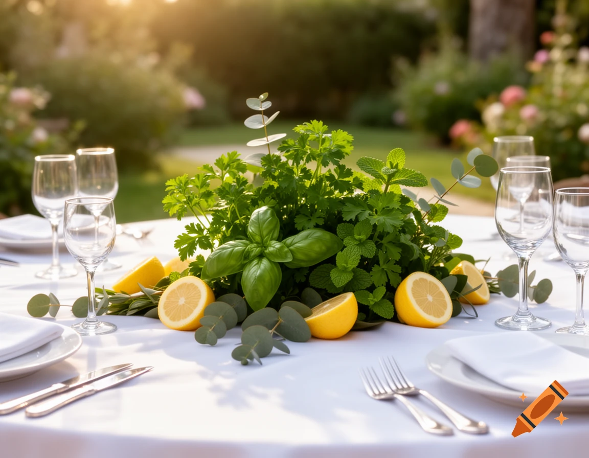 Outdoor table setting with a fresh centerpiece of basil, mint, parsley, eucalyptus, and sliced lemons under warm sunlight.
