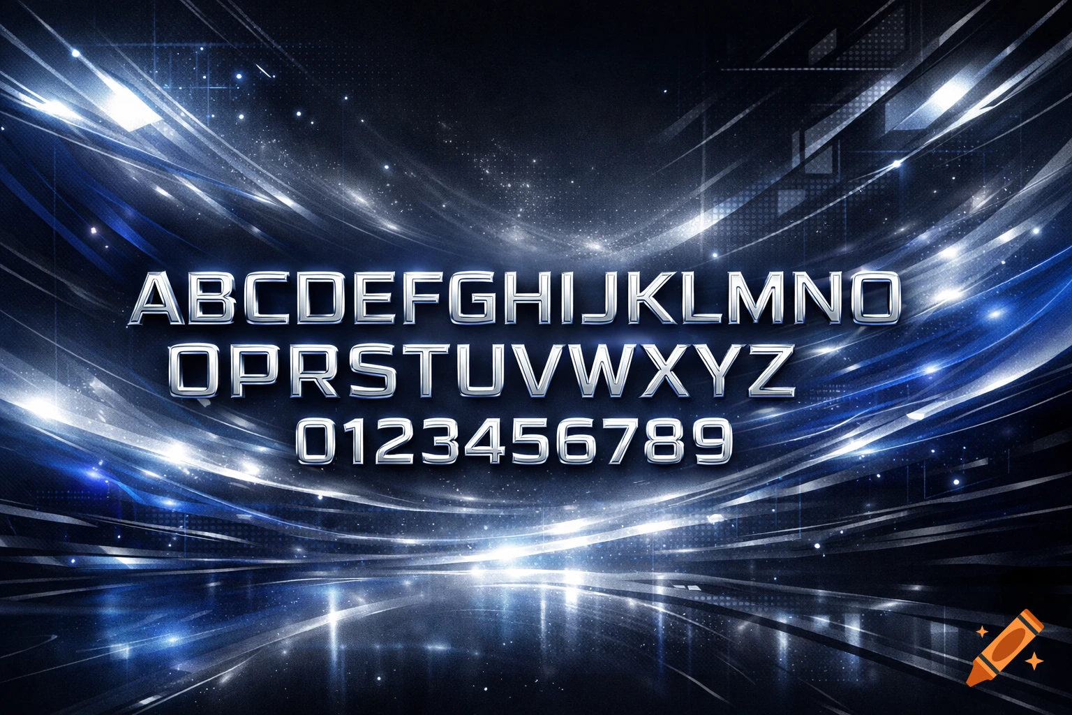 Metallic 3D alphabet and numbers on a glowing blue and black futuristic background with light streaks and particles.