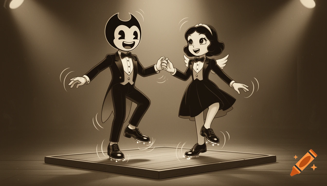 Bendy and Alice Angel tap dancing on a wooden stage under spotlights, in a vintage cartoon style.