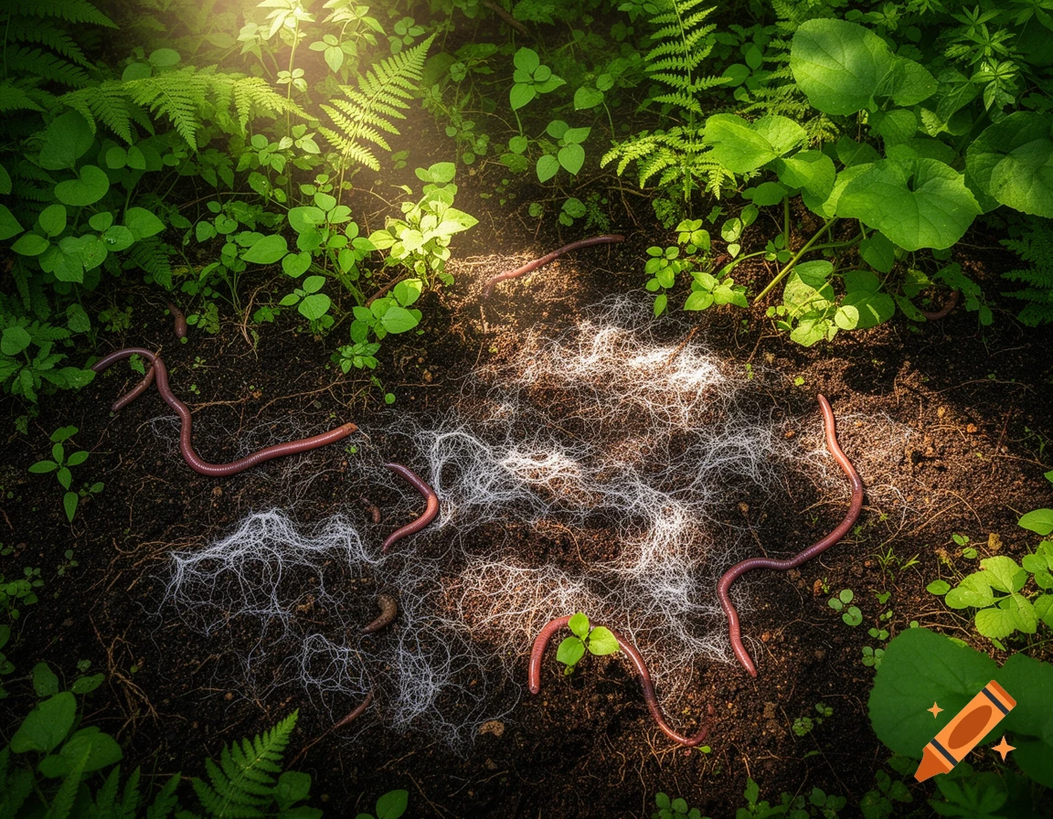 Photorealistic overhead shot of earthworms and white mycelium on dark soil amidst green plants, bathed in sunlight.