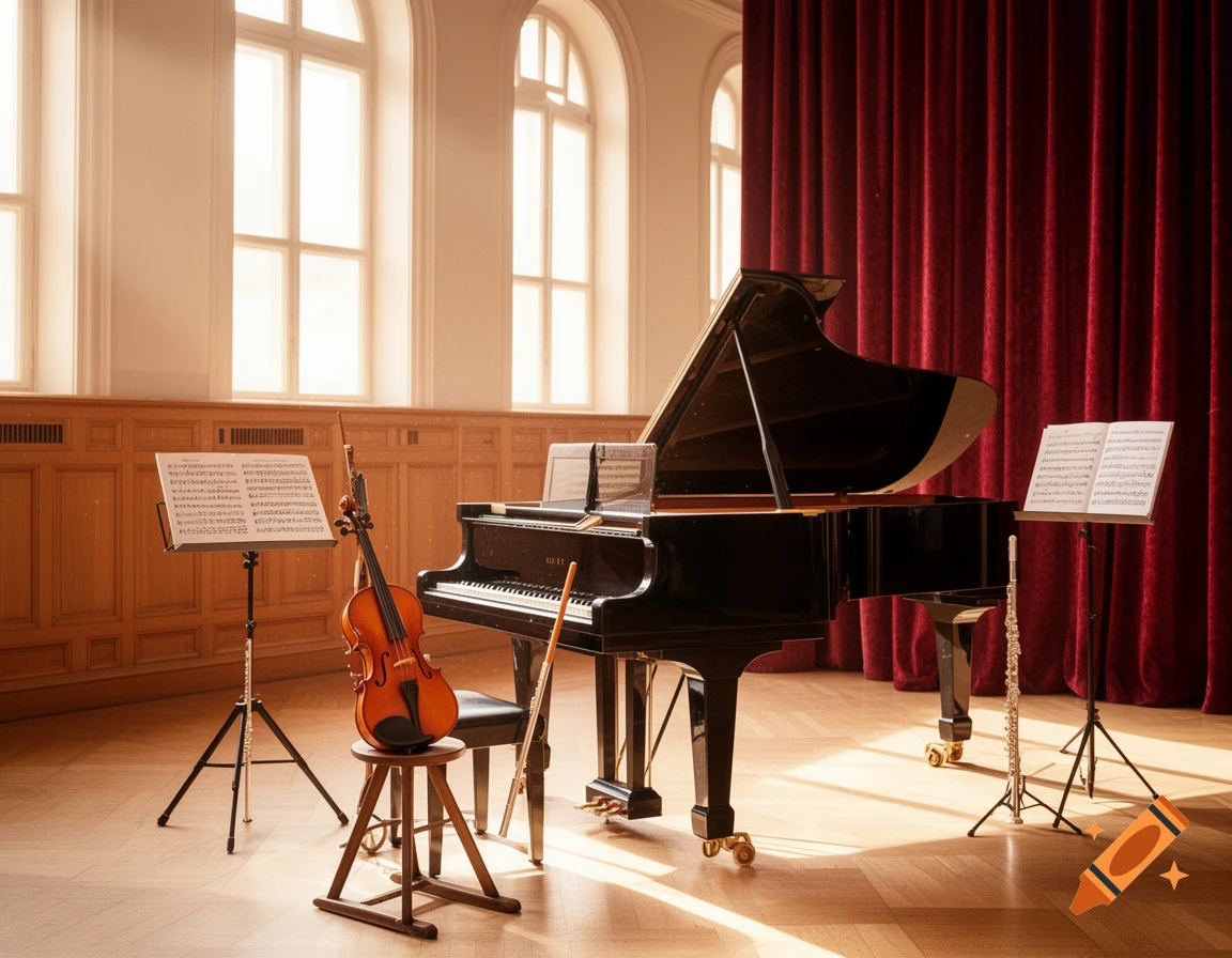 A grand piano, violin, flute, and music stands with sheet music in a sunlit room with large arched windows and a red curtain.