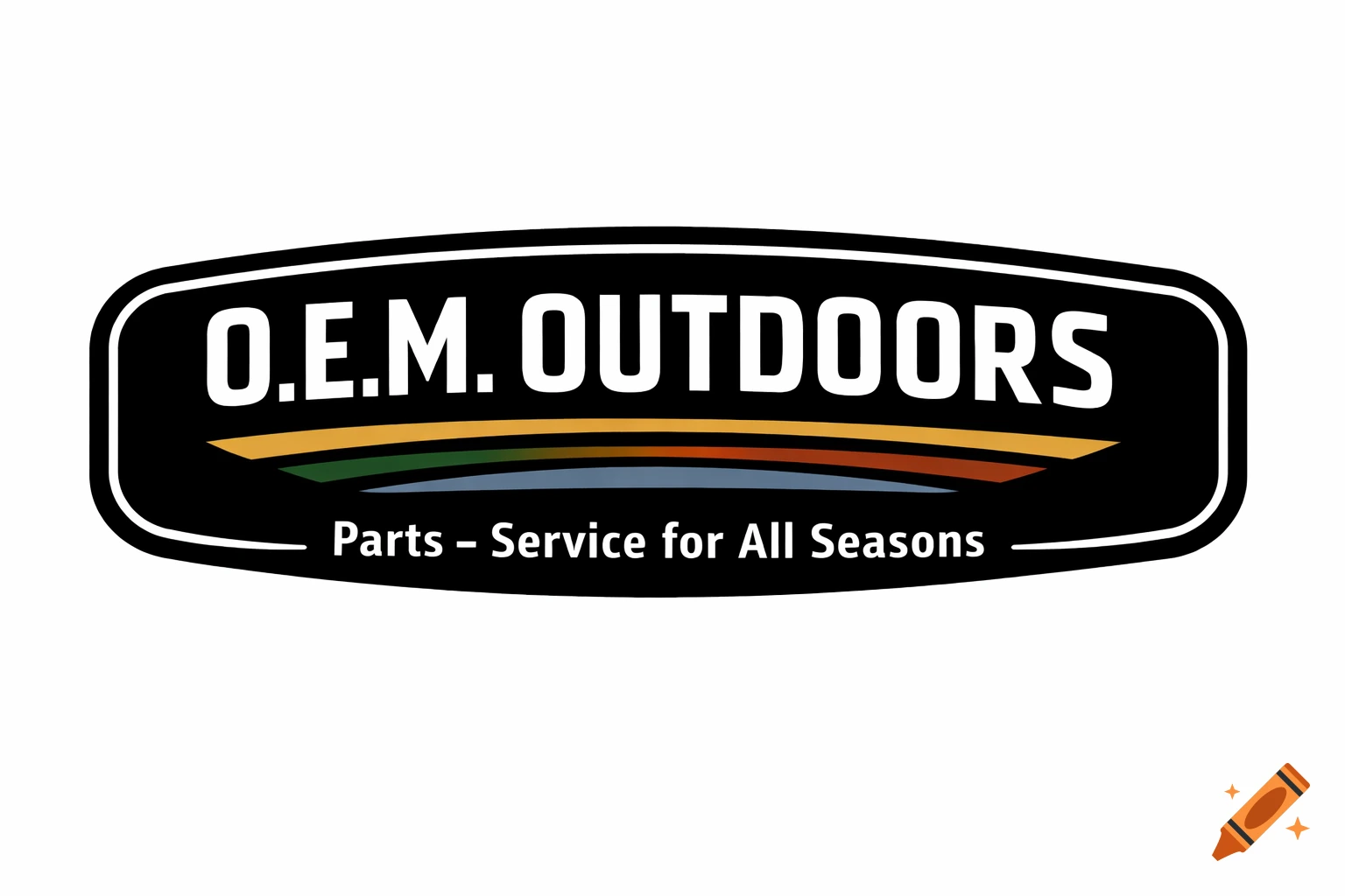 Black oval logo with white text 'O.E.M. OUTDOORS' and 'Parts - Service for All Seasons', separated by four colored stripes.