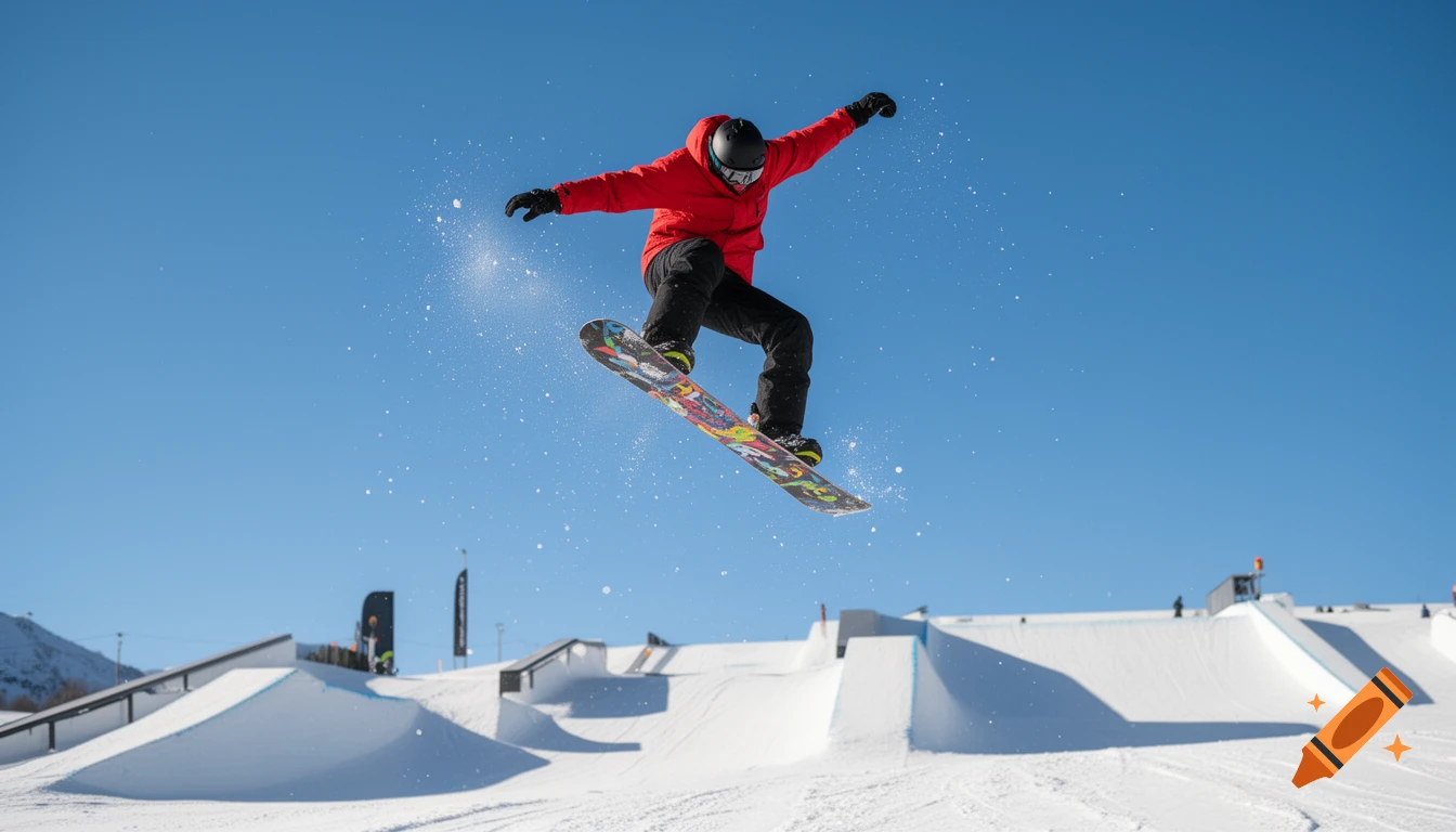 A snowboarder in a red jacket and black helmet performs a mid-air jump over a snow park under a clear blue sky.