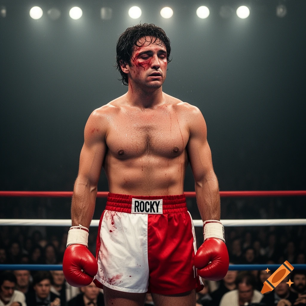 Photorealistic image of a bloodied male boxer, "Rocky," standing in a ring under bright lights, wearing red and white shorts and gloves.