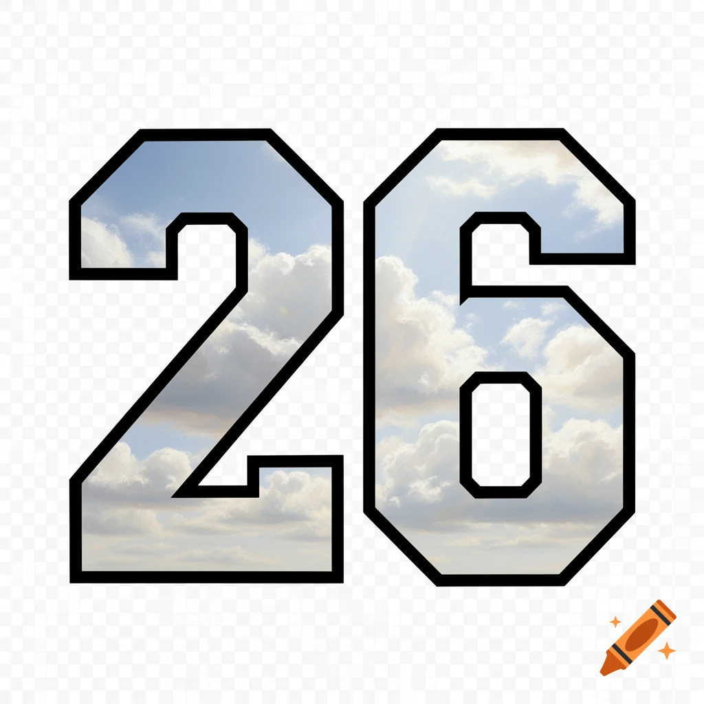 The varsity number 26 with a thick black outline, filled with an image of blue sky and white clouds, on a transparent background.