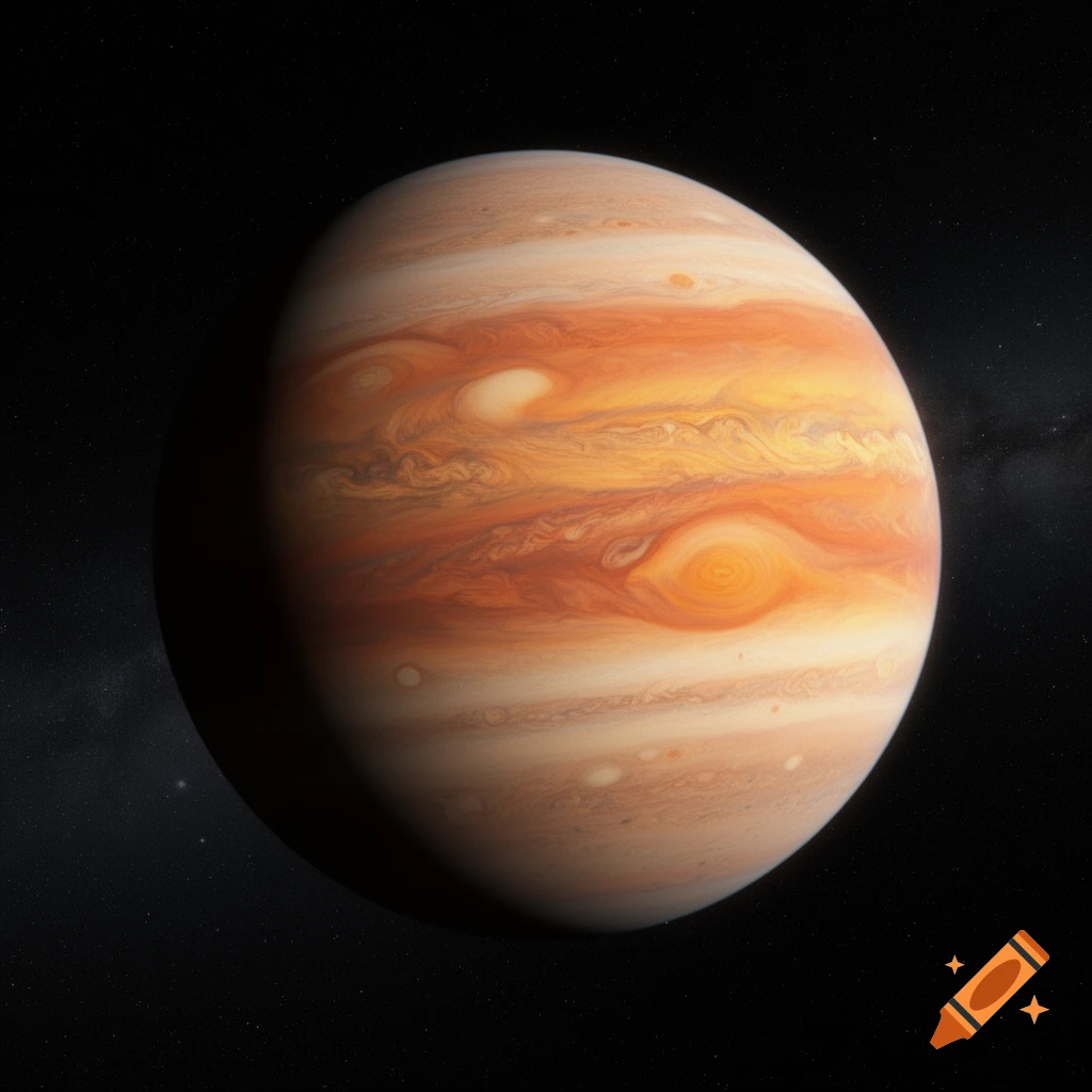 A detailed, photorealistic gas giant planet with orange and white swirling clouds against a star-filled black space.