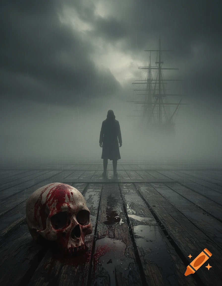 A lone cloaked figure stands on wet wooden planks in thick fog with a tall ship in the background, a bloody skull lies in the foreground.
