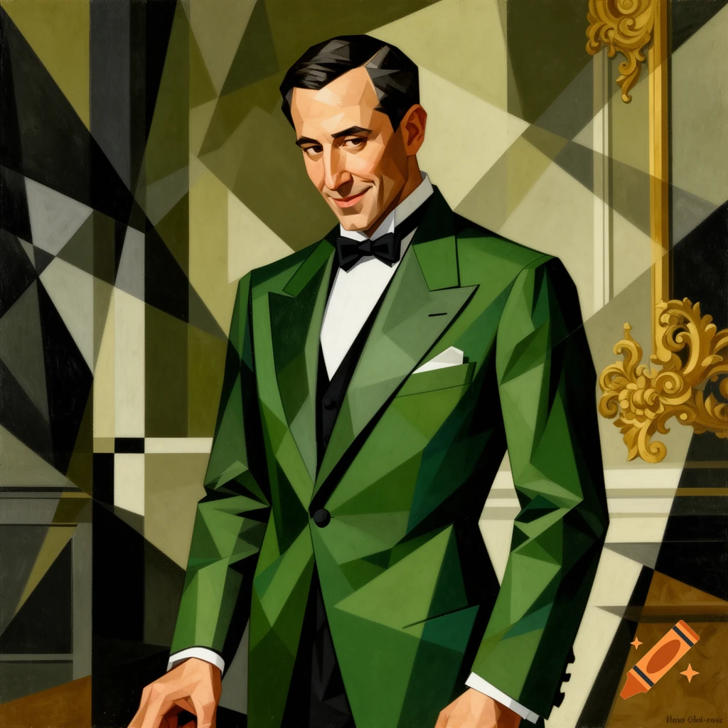 Cubist portrait of a man in a green suit and bow tie, with a geometric background and ornate gold frame detail.
