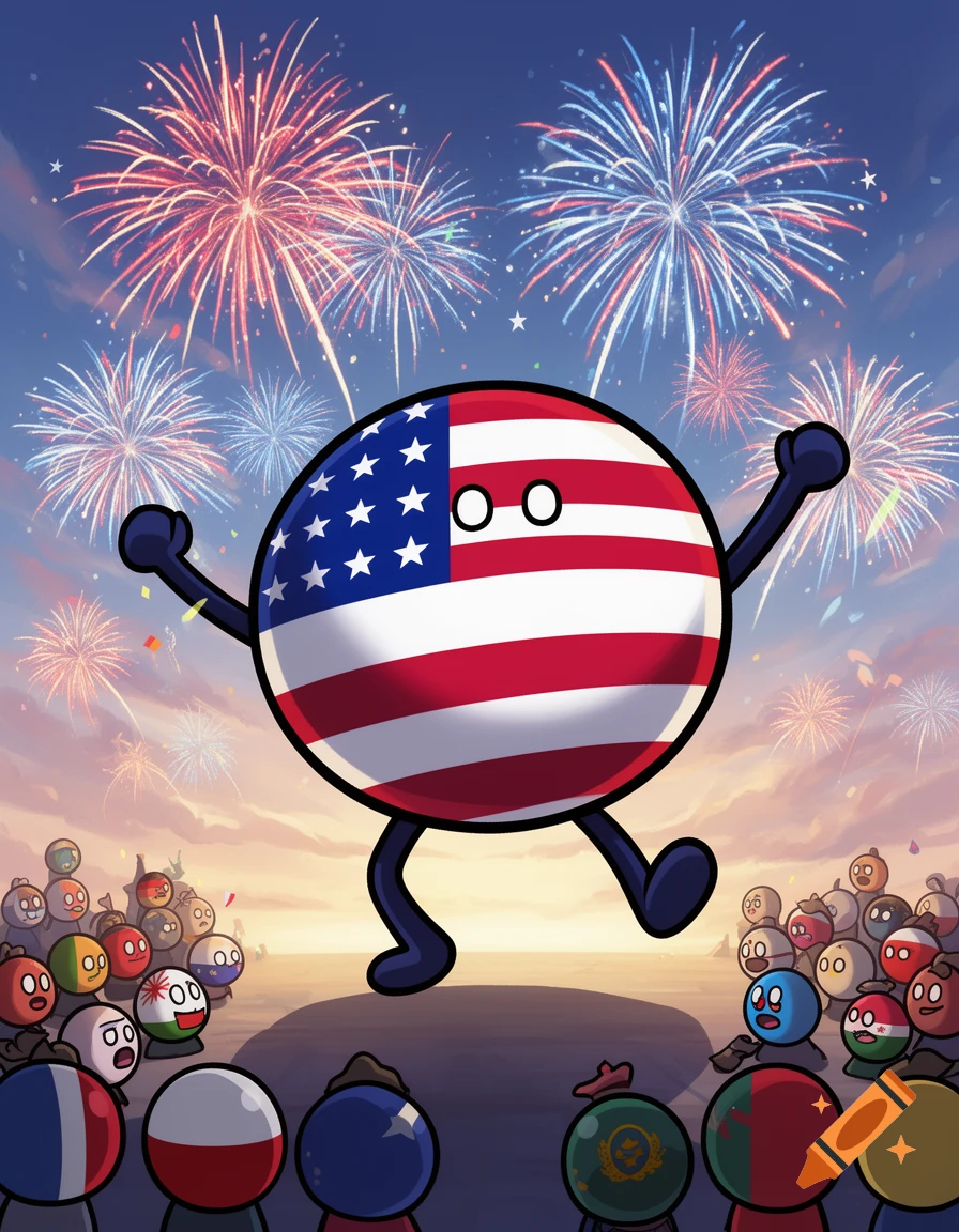 Cartoon USA countryball on a stage with arms raised, celebrating with fireworks and an audience of other countryballs.