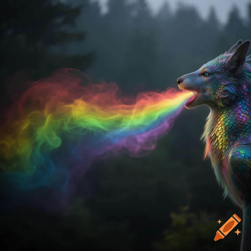 Cool Mist Wolves A vibrant, scaly, wolf-like fantasy creature with glowing eyes breathes ...