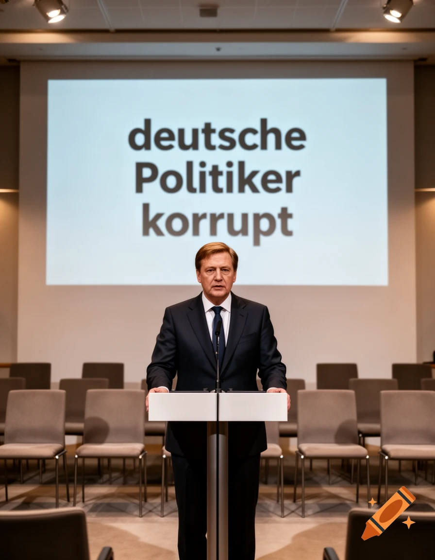 A man in a suit stands at a podium in a conference room with "deutsche Politiker korrupt" projected on a screen.