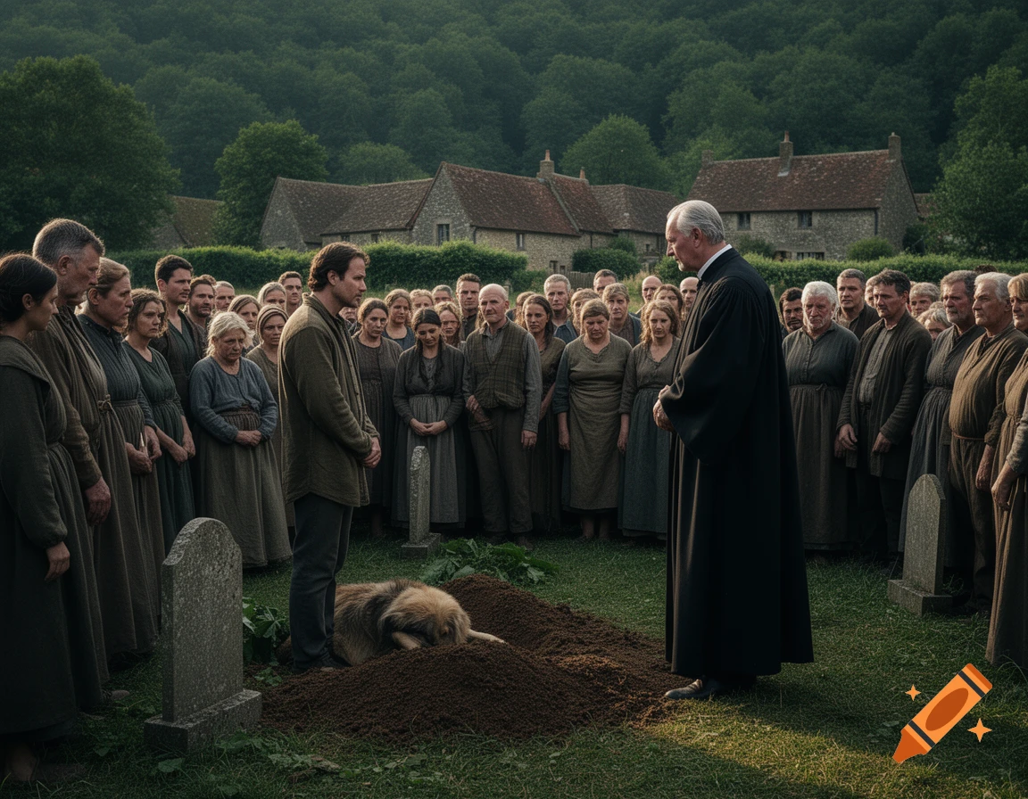 A solemn crowd of villagers watches a man bury his dog in a rural cemetery, with a clergyman officiating.