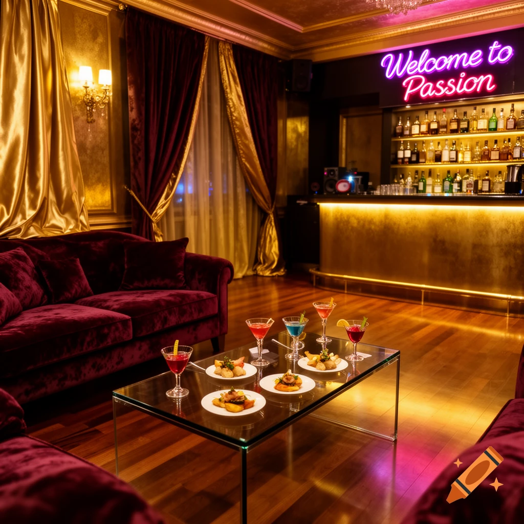 A lavish private lounge with red velvet couches, gold curtains, a bar with a 'Welcome to Passion' neon sign, and cocktails on a glass table.
