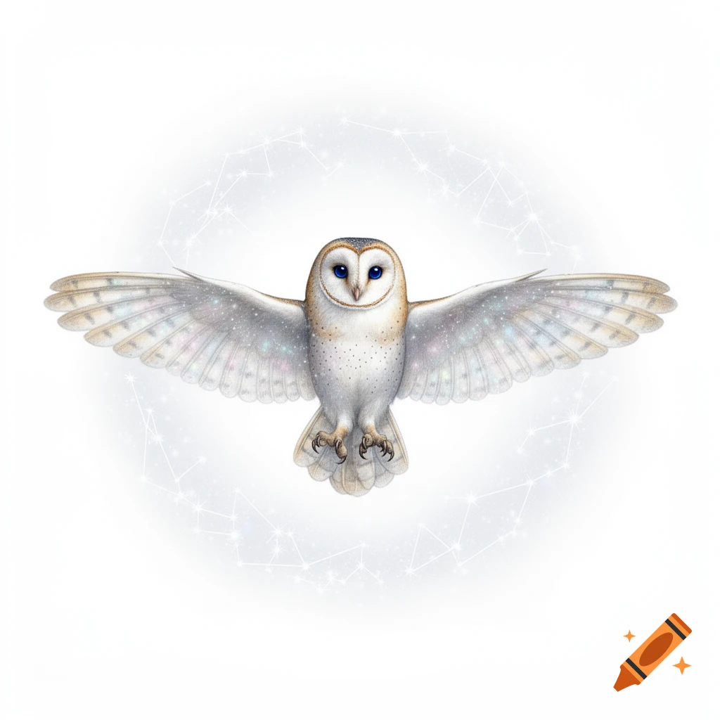 An ethereal barn owl with blue eyes and glittery, star-dusted wings, flying against a white background with subtle star constellations.