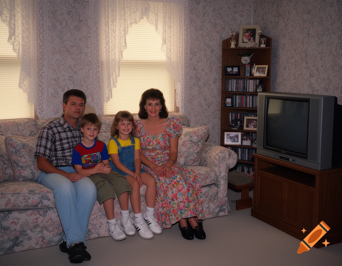 A family of four sits on a floral couch in a 1990s living room with a CRT TV and bookshelf.