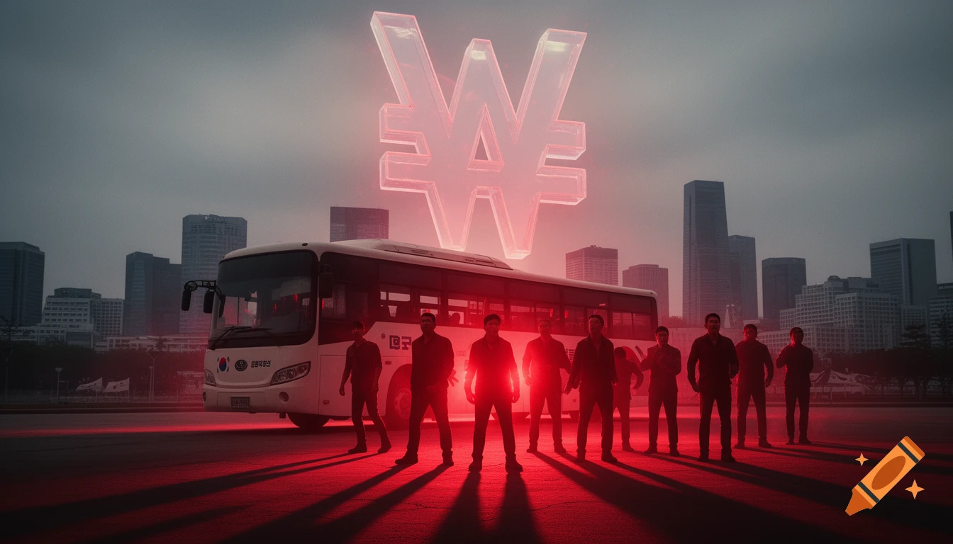 A Korean government bus stands before a Seoul skyline, with a giant glowing Korean Won symbol above it. Silhouettes of angry citizens in the foreground are bathed in dramatic red light.