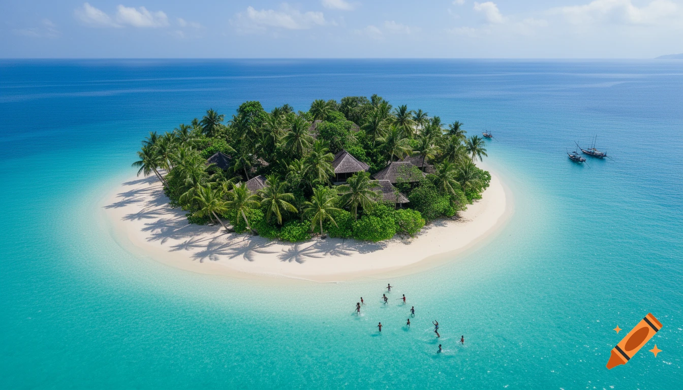 Aerial view of a tropical island with a white sand beach, palm trees, thatched huts, clear turquoise water, people swimming, and distant boats.